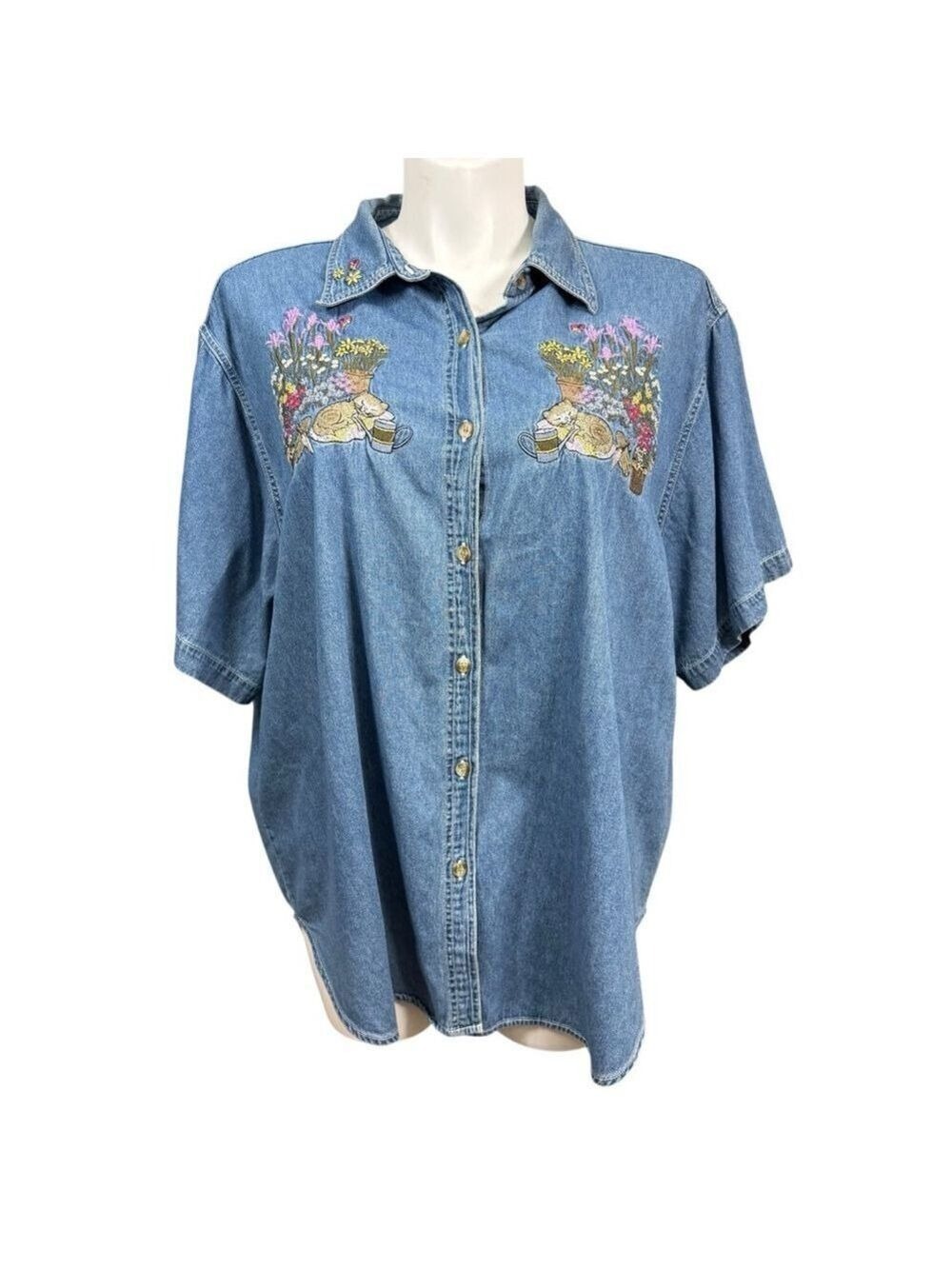 Vintage 90s CST Blues Women's Denim‎ Button Front Shirt Size 26 Cat Embroidery